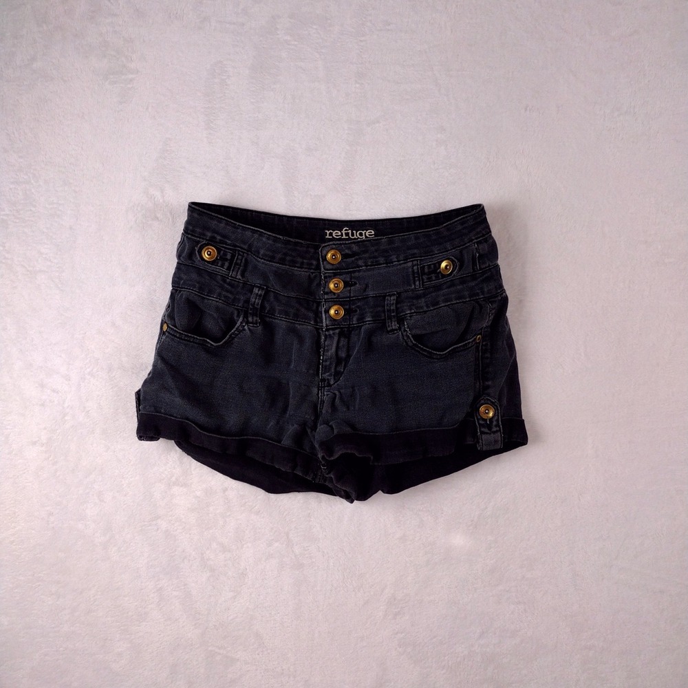 Refuge Womens High Waisted Black Denim Shorts Multi Button Fly Size 8‎